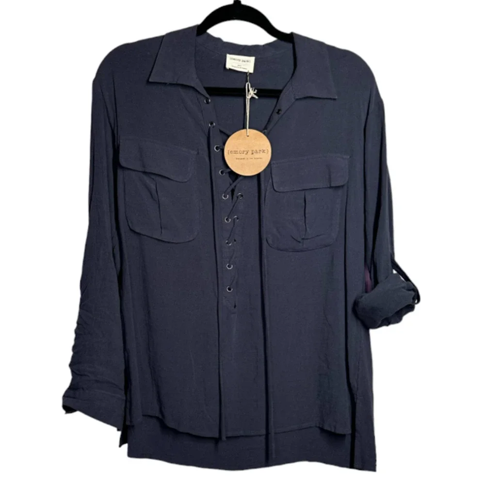 Emory Park New With Tags Roll Tab Sleeve Lace Up Blouse Linen Tunic Gray Size S
